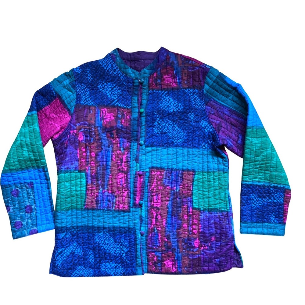 Southwest Indian Foundation Reversible Quilted Patch Jacket 100% Cotton L Blue